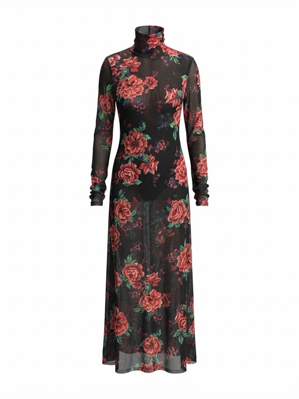 AFRM Black Mesh Turtleneck Maxi Dress with Red Rose Print